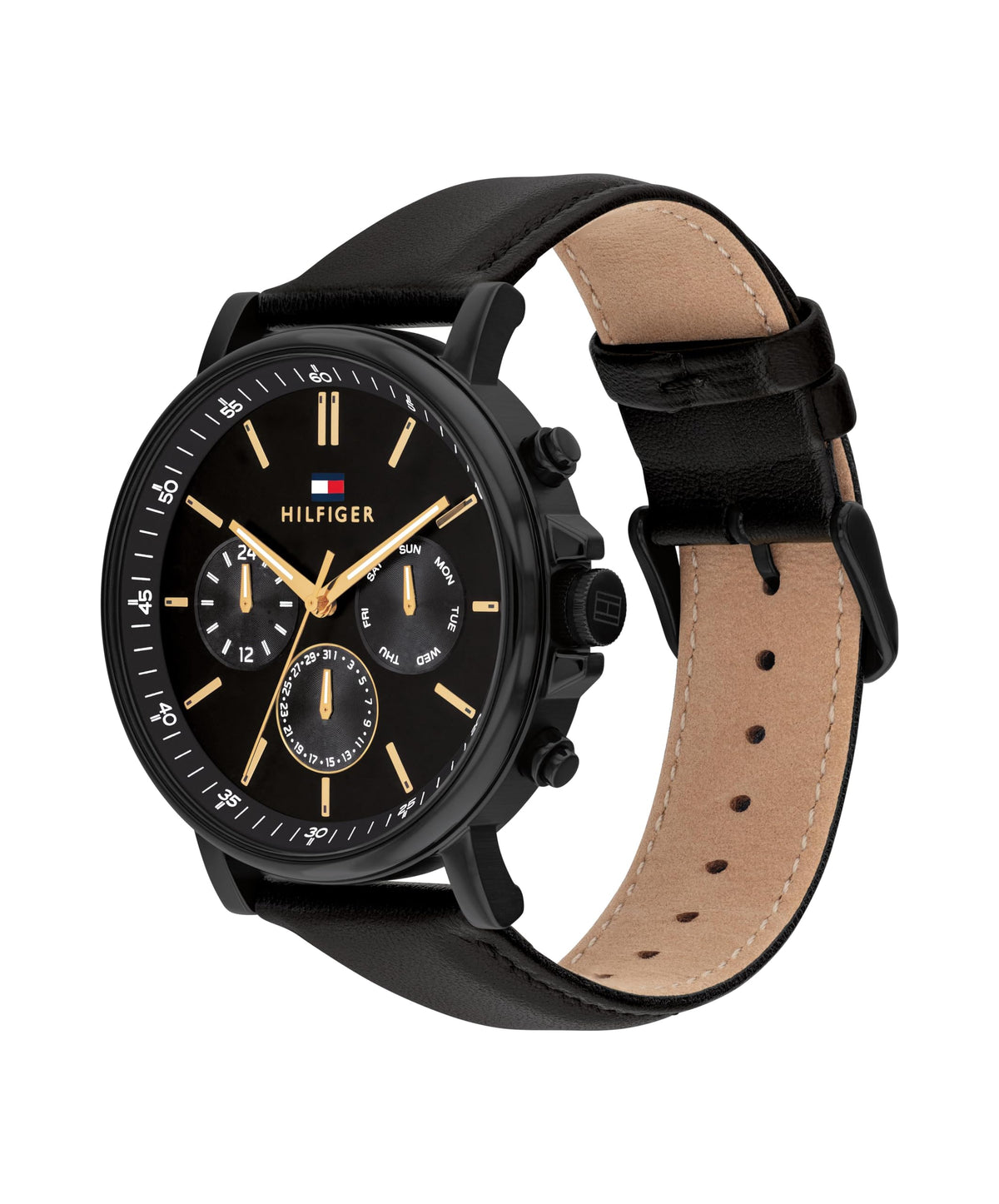 Tommy Hilfiger Men's Multifuction Stainless Steel & Black Leather Strap Analog Watch