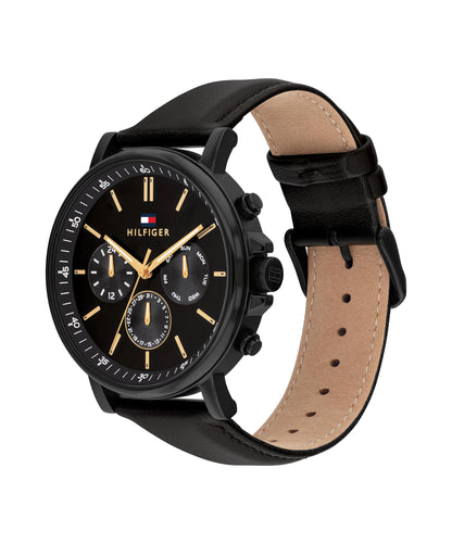 Tommy Hilfiger Men's Multifuction Stainless Steel & Black Leather Strap Analog Watch