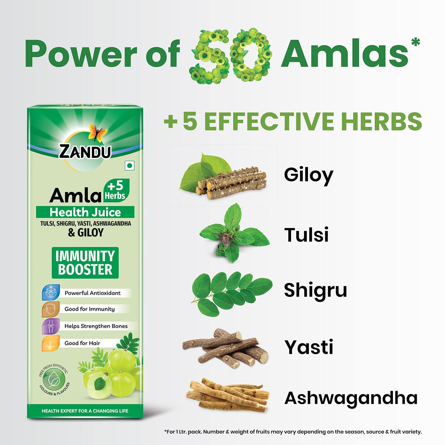 Zandu Amla + 5 Herbs Health Juice | Ayurvedic Immunity Booster | Powerful Antioxidant | Good for Bones and Hair |No Added Sugar (1000ml)