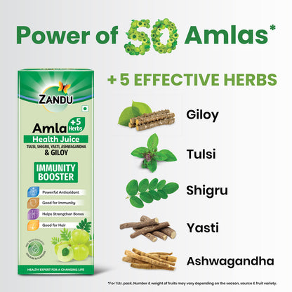 Zandu Amla + 5 Herbs Health Juice | Ayurvedic Immunity Booster | Powerful Antioxidant | Good for Bones and Hair |No Added Sugar (1000ml)