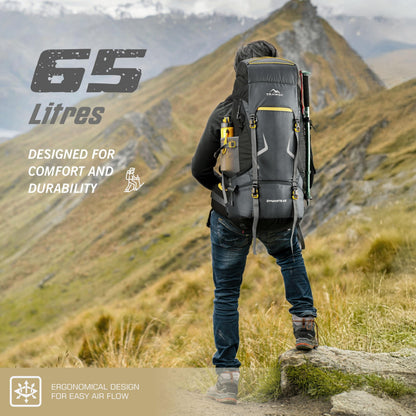 TRAWOC DYNAMITE 65L Travel Backpack for Hiking Trekking Bag Camping Rucksack for Men & Women with Rain Cover/Shoe Compartment MHK002, 3 Year Warranty, Grey