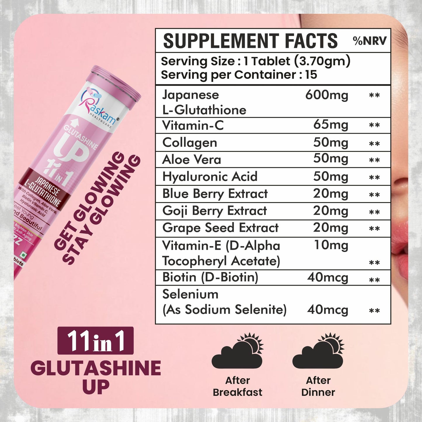 Raskam Glutathione Tablets Japanese L Glutathione 15 Effervescent Tablet In Mixberry Flavour With Collagen Aloevera Biotin Vitamin-c Hyaluronic Acid For Skin Glow & Hydration (Pack of 1)
