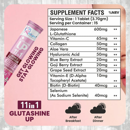 Raskam Glutathione Tablets Japanese L Glutathione 15 Effervescent Tablet In Mixberry Flavour With Collagen Aloevera Biotin Vitamin-c Hyaluronic Acid For Skin Glow & Hydration (Pack of 1)