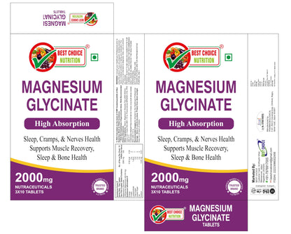 Best Choice Nutrition Magnesium Glycinate High Absorption, Supports Sleep, Cramps, Nerves, Muscle Recovery, Bone Health, Tablets (30 Tablets)