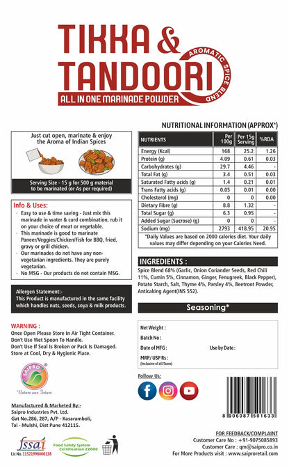 EATERY HARVEST by Saipro Tikka & Tandoori All in ONE Marinade Powder 200 gm, malai tandoori tikka masala powder Ready To use For Marination, Seasonings| Spice Rubs |Spice Premixes| Aromatic spice mix, No added preservatives, No added color, No added sugar