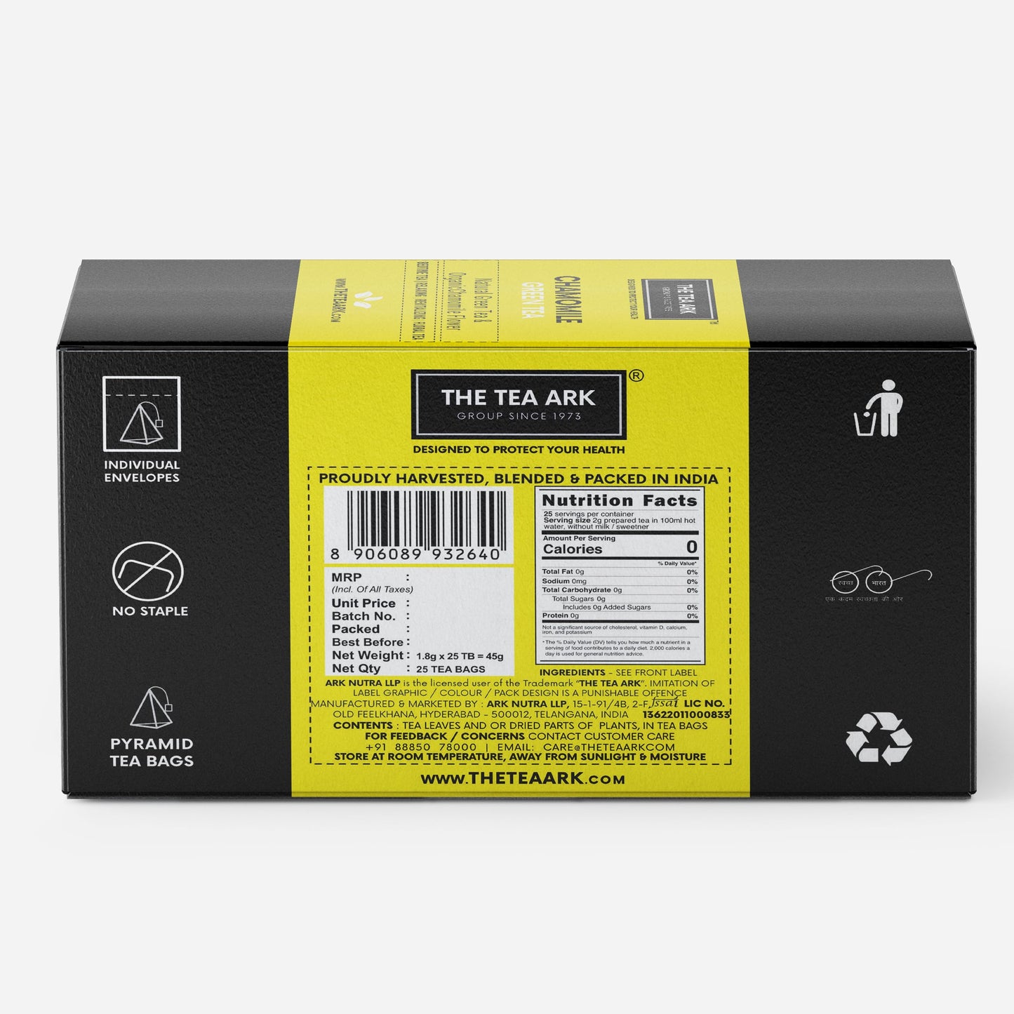 The Tea Ark Chamomile Tea Bags (25 Count) | Herbal Green Tea | Natural Whole Flower Buds of Chamomile | Individually Wrapped Pyramid Tea Bags (25 Tea Bags)