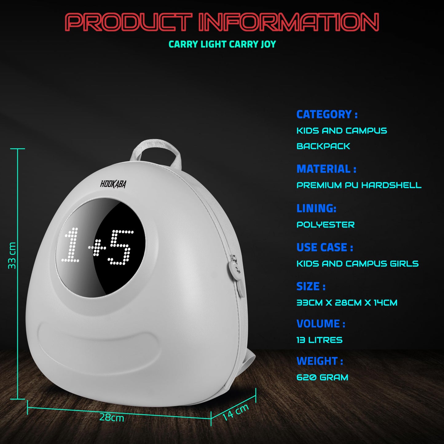 Hookaba GlowBuddy LED Eyes Backpack 13L | Kids Smart Bag With App Control, Programmable Screen & Water Resistant | For School, Picnic, Travel | Mini Digital Daypack For Girls & Boys (White)