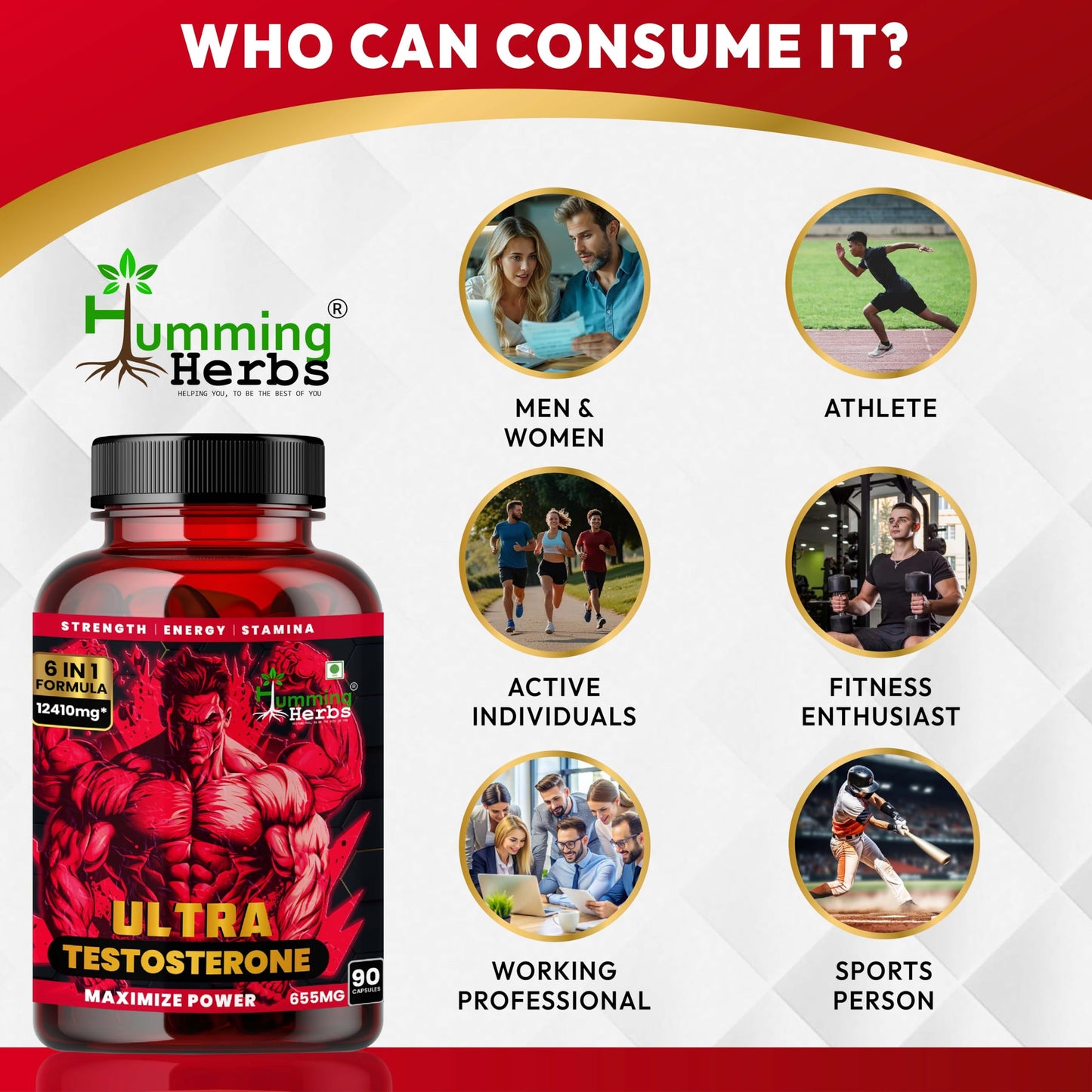 Humming Herbs Ultra Testosterone support for men| Muscle Growth, Energy and Performance with | Tongkat Ali, Tribulus,Arginine and Horny Goat Weed | | 6in1 | 12410 eqv |90 Capsules |, 80 grams
