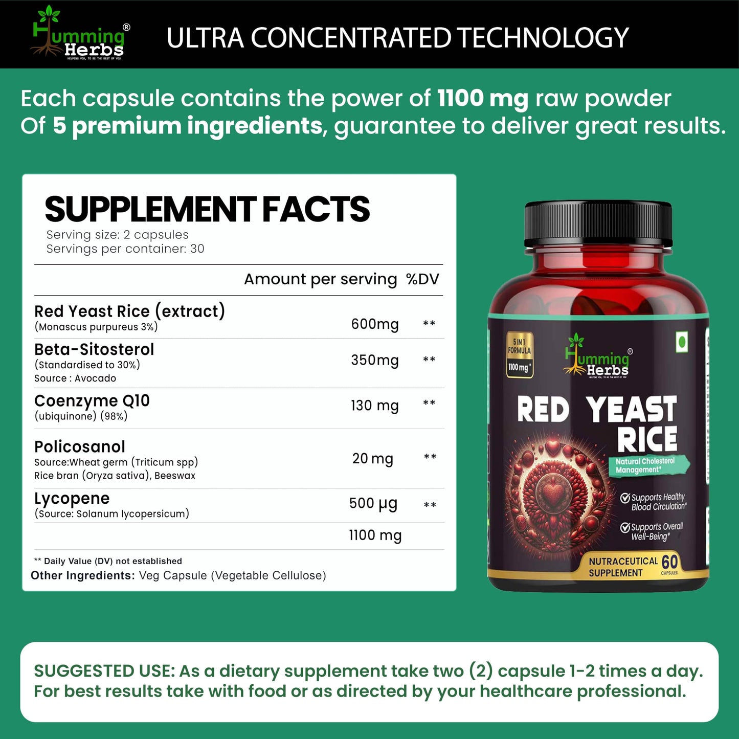 Humming Herbs Red Yeast Rice 500mg - Natural Cholesterol Support with CoQ10, Policosanol & Lycopene - Promotes Heart Health & Blood Circulation