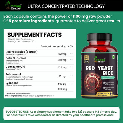 Humming Herbs Red Yeast Rice 500mg - Natural Cholesterol Support with CoQ10, Policosanol & Lycopene - Promotes Heart Health & Blood Circulation
