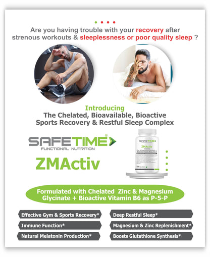 SAFETIME ZMActiv ZINC & MAGNESIUM GLYCINATE with ACTIVE VITAMIN B6 P5P Sports Recovery, Restful Sleep, Immunity, Glutathione Booster, Bioavailable, Safe (90 Veg Capsules)