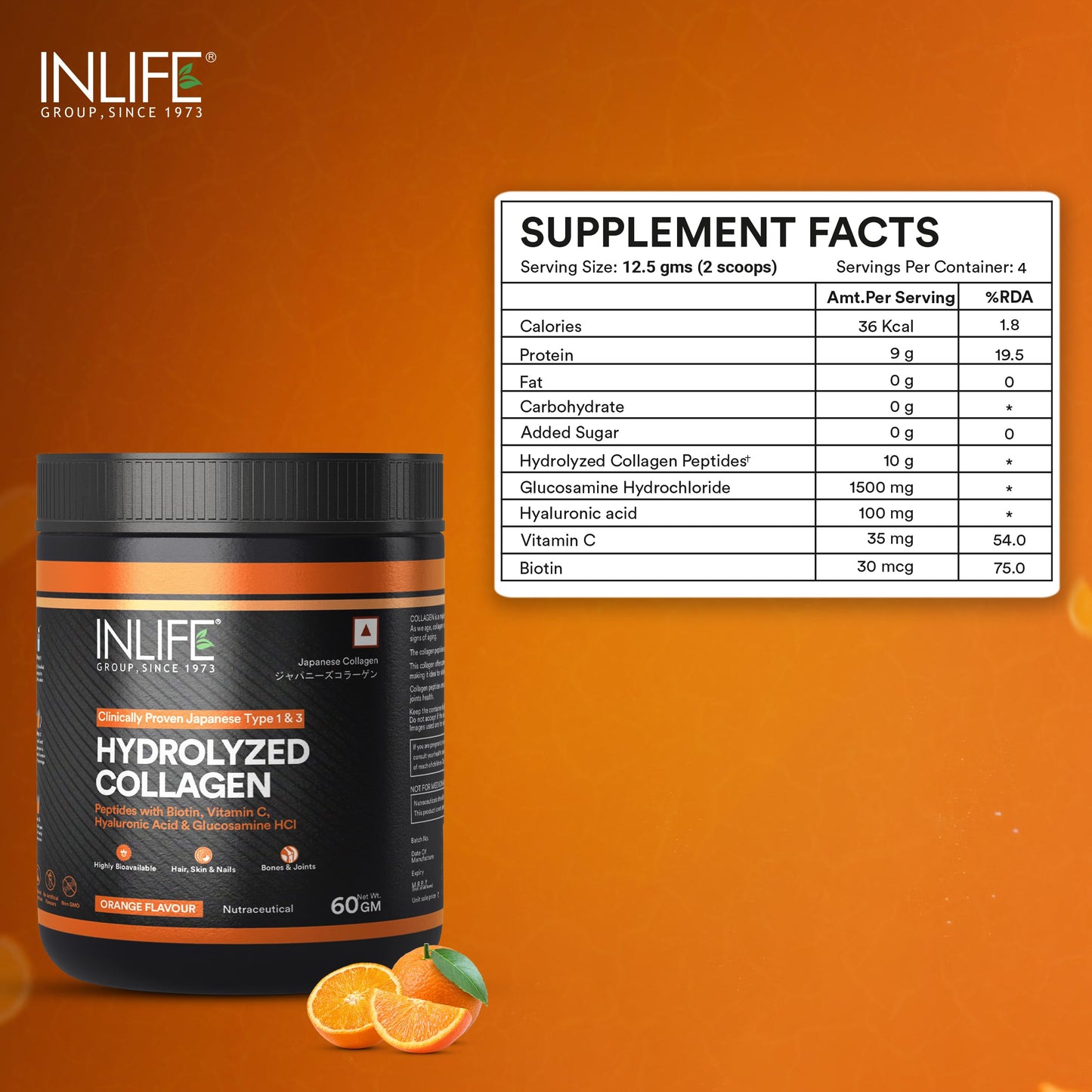 INLIFE Japanese Collagen Powder, Wellnex Clinically Studied Type 1 & 3, Glucosamine Hyaluronic Acid Vitamin C, Skin Hair & Joint Health, Orange 60g