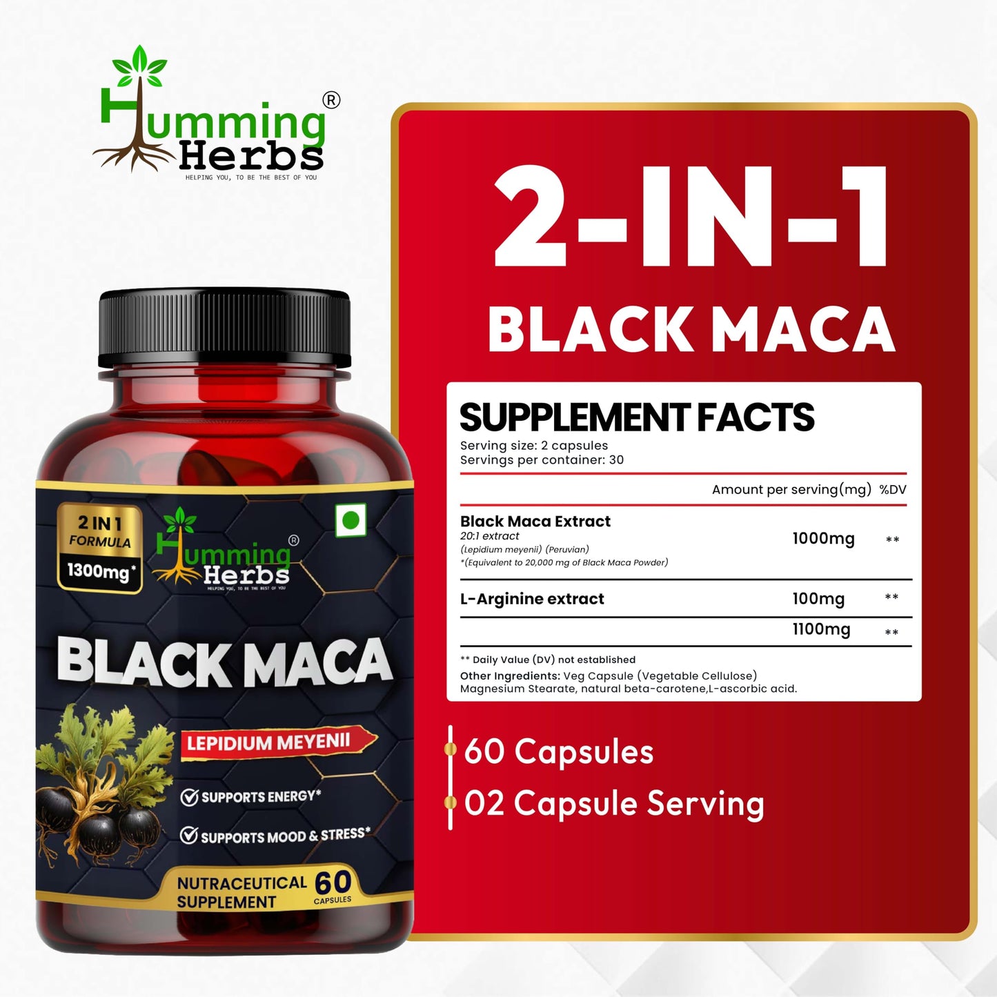 Humming Herbs Black Maca Root Extract 1300mg - Boosts Energy & Stamina, Supports Mood & Hormonal Balance - Men's & Women's Health Supplement