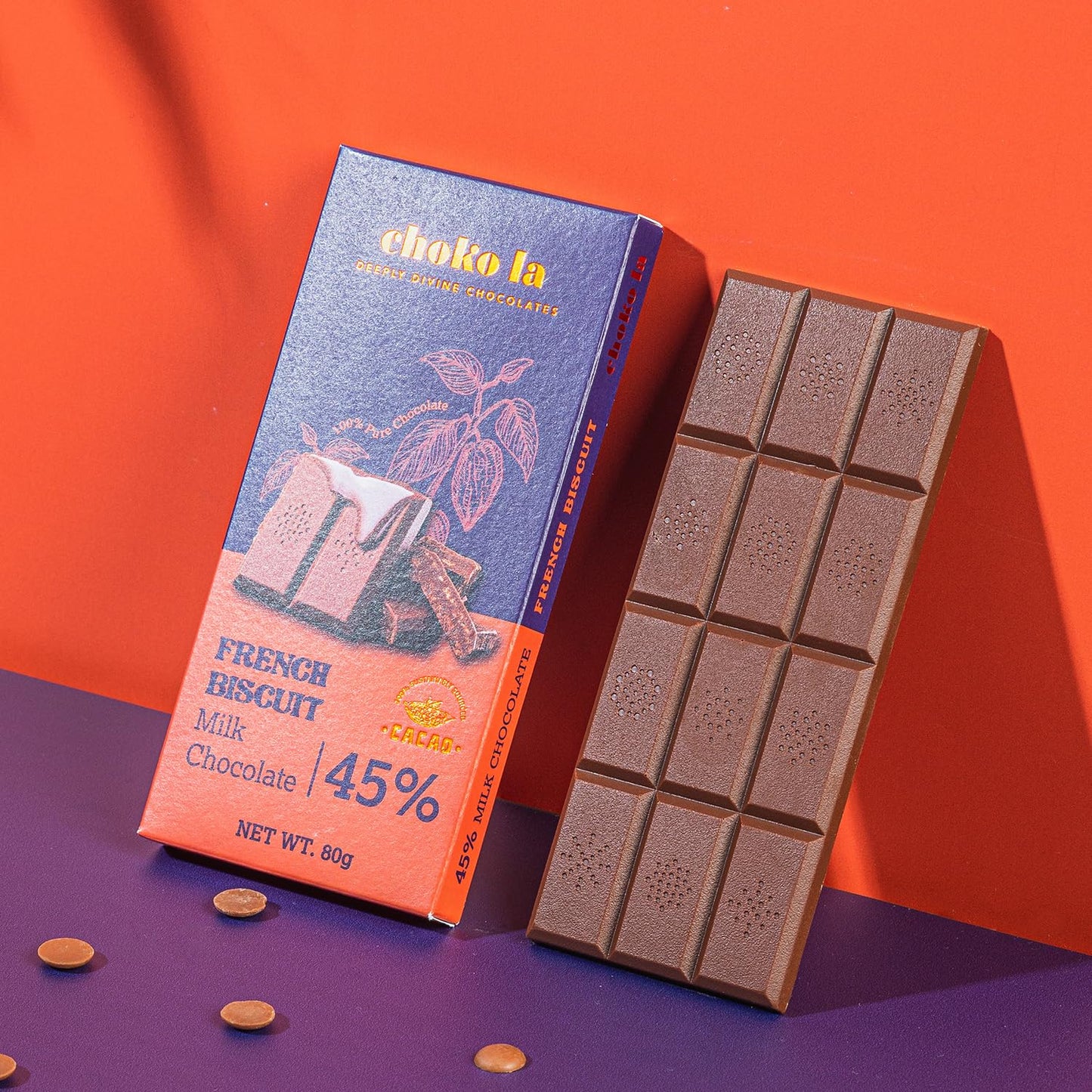 Chokola French Biscuit 45% Milk Chocolate Bar – Creamy Milk Chocolate with Crunchy Biscuit, 80g
