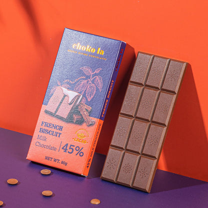 Chokola French Biscuit 45% Milk Chocolate Bar – Creamy Milk Chocolate with Crunchy Biscuit, 80g
