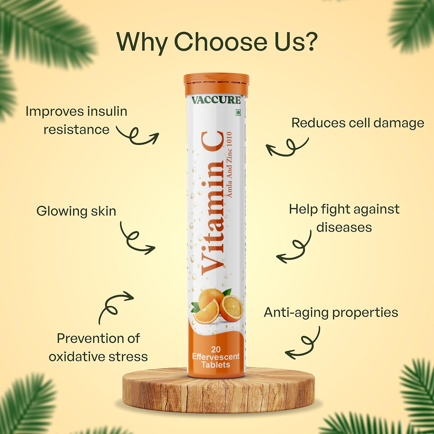 VACCURE Vitamin C Effervescent Tablet, 20 Count, with L-Glutathione, Gluten Free, Orange Flavor, for Skin Brightening, Adults