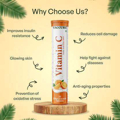 VACCURE Vitamin C Effervescent Tablet, 20 Count, with L-Glutathione, Gluten Free, Orange Flavor, for Skin Brightening, Adults