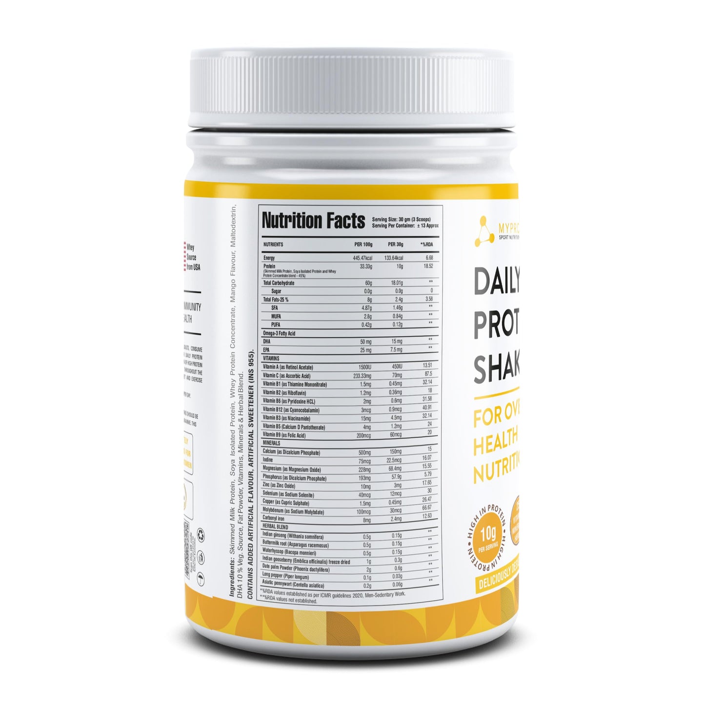 Mypro Sport Nutrition Daily Protein Shake 118 kcal Calories,25 Vitamin,Minerals & 7 Herbs,Provide Energy,Support Immunity & bone Health-For Men & Women Mango Milk Shake Flavor -400Gm-40 Servings