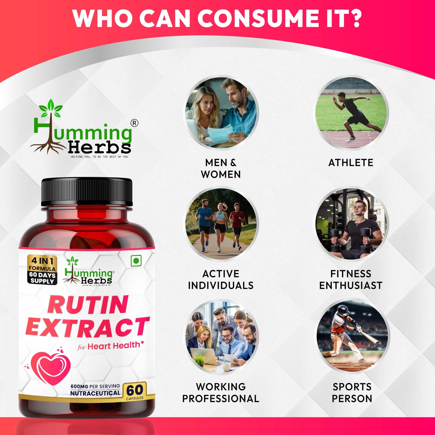 Humming Herbs Rutin 600mg Capsules - Vessel Support & Heart Health Formula with Anti-Inflammatory Benefits- 60 Capsules