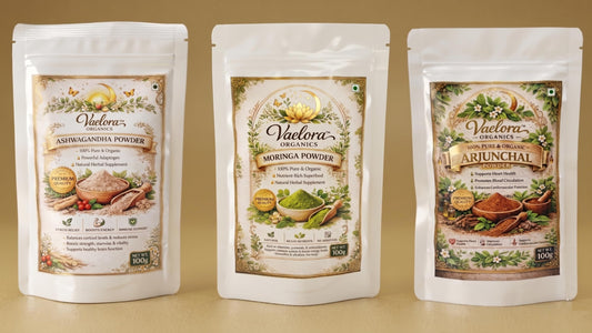 Vaelora Organics Herbal Health Powder Combo (Pack of 3) | Arjun Chal, Ashwagandha & Moringa Powder | 100% Pure & Natural | Immunity Booster, Energy & Wellness Support | Chemical-Free (100g Each)