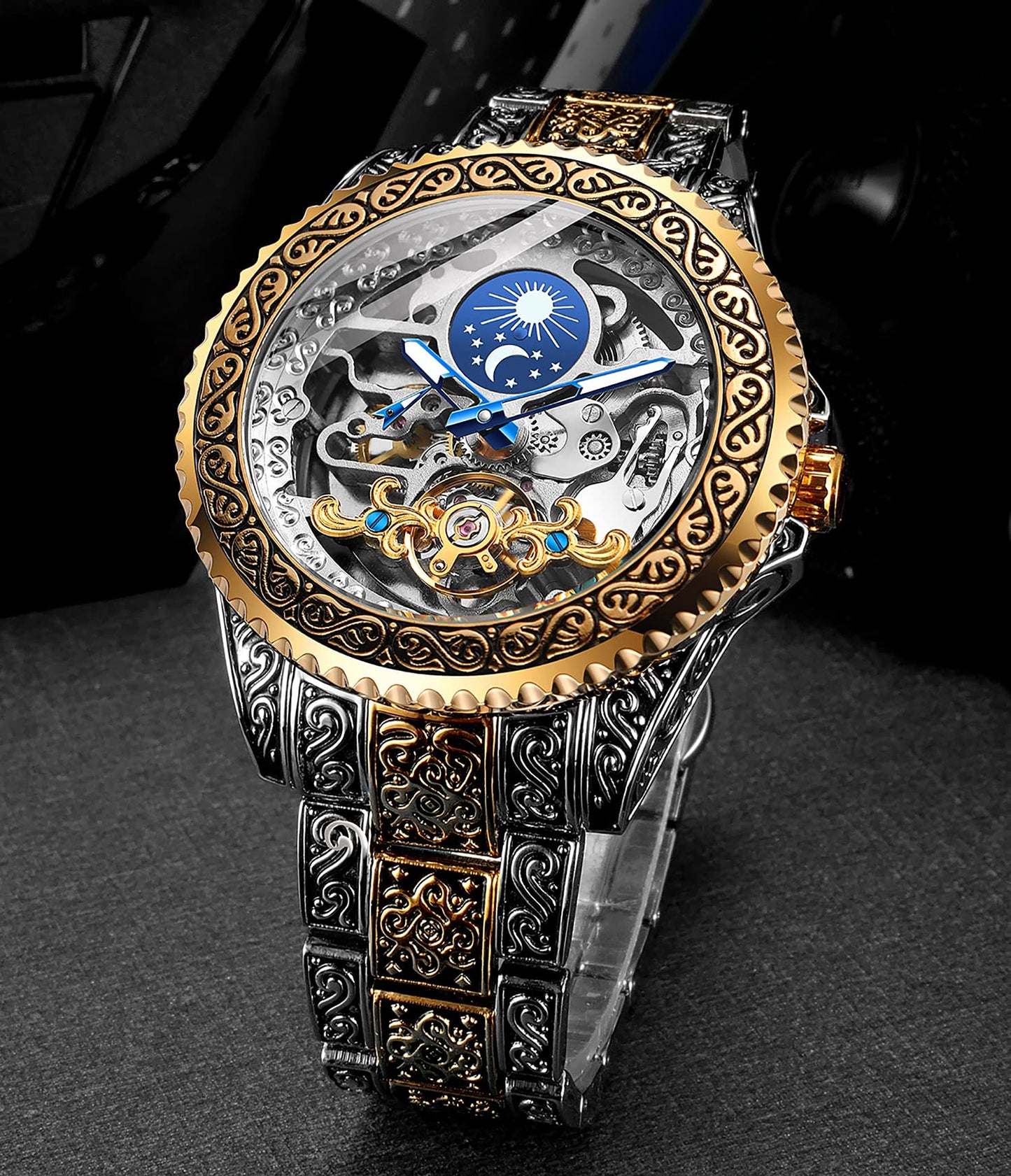 FORSINING Stainless Steel Retro Analog Watch For Men Carved Self-Wind Mechanical Tattoo Tourbillon Moon Phase Independent Seconds Skeleton Automatic Big Dial Wrist Watches, Gold, Mechanical