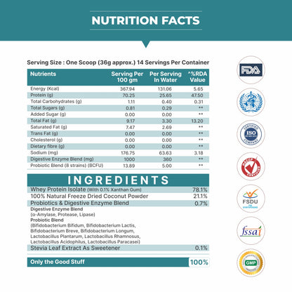 RHN 100% Whey Protein Isolate 500 GM (Coconut) 25g Protein, Muscle Growth, Improve Strength, Faster Muscle Recovery, Germany Imported, Boost Energy, Ideal for Diabetic and Lactose Intolerant People