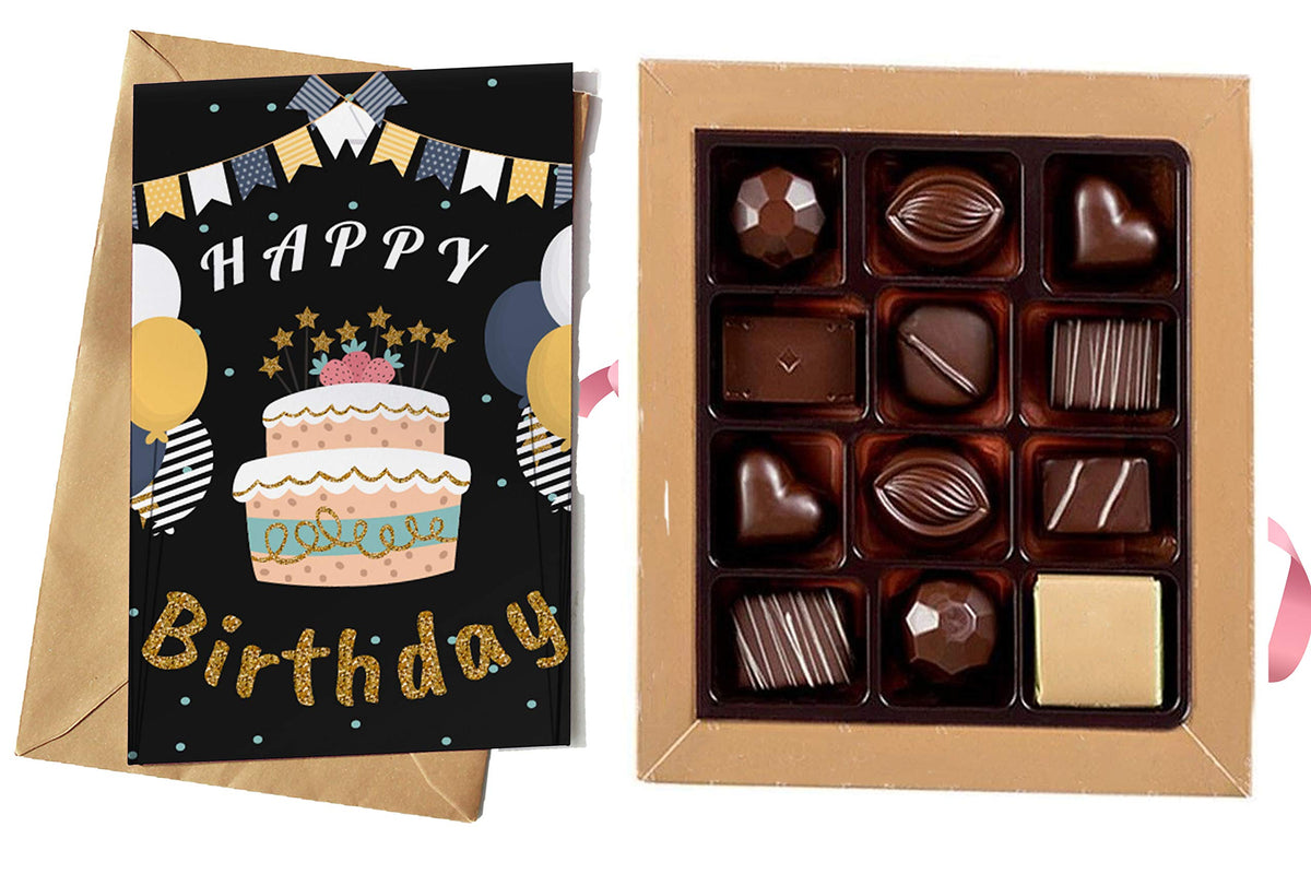 redbakers.in Happy Birthday 12 Chocolate Gift Box & Greeting Card Combo Gift Pack (TIKBLACK),225gram