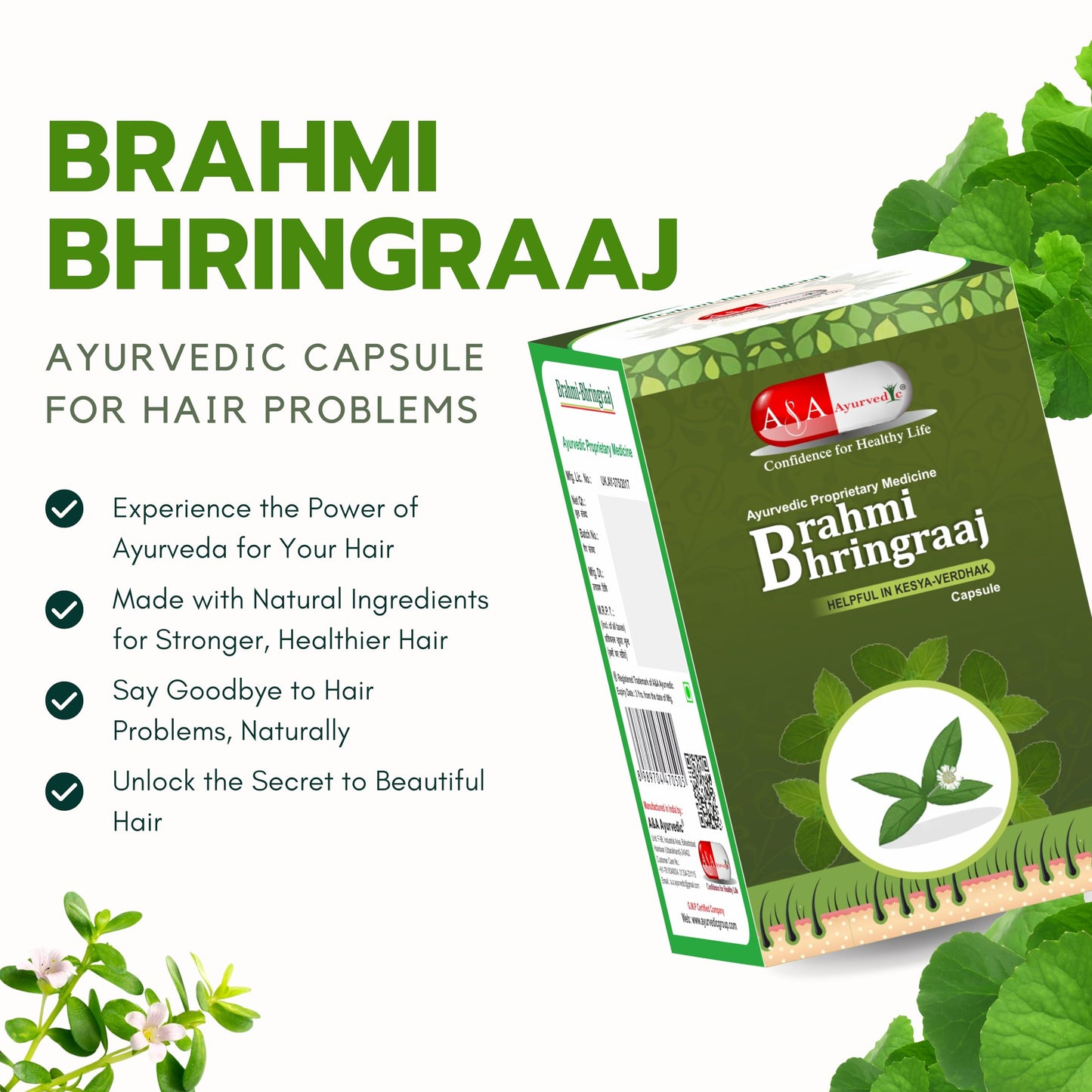 Bhringraj Capsules For Hair | Supports Healthy Hair for Women & Men | Brahmi & Bhringraj Natural Hair Vitamin Source | Helps Hair Fall Control & Hair Growth (60caps)