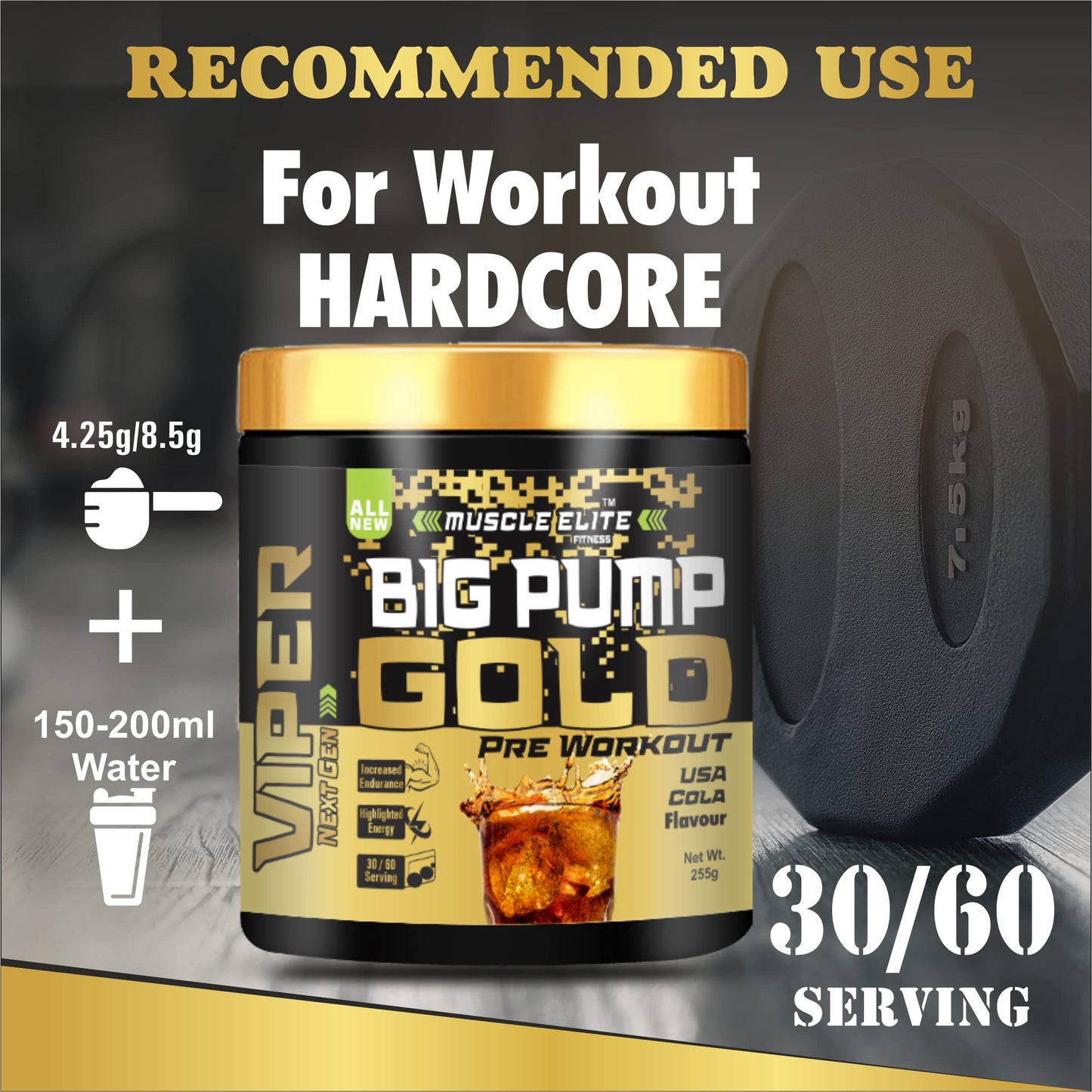 Muscle Elite Fitness Big Pump Gold Series Loaded Core Pre-Workout - Pre Workout Energy with Creatine Monohydrate + Caffeine and Beta-Alanine Performance | [Cola, 60 Servings]