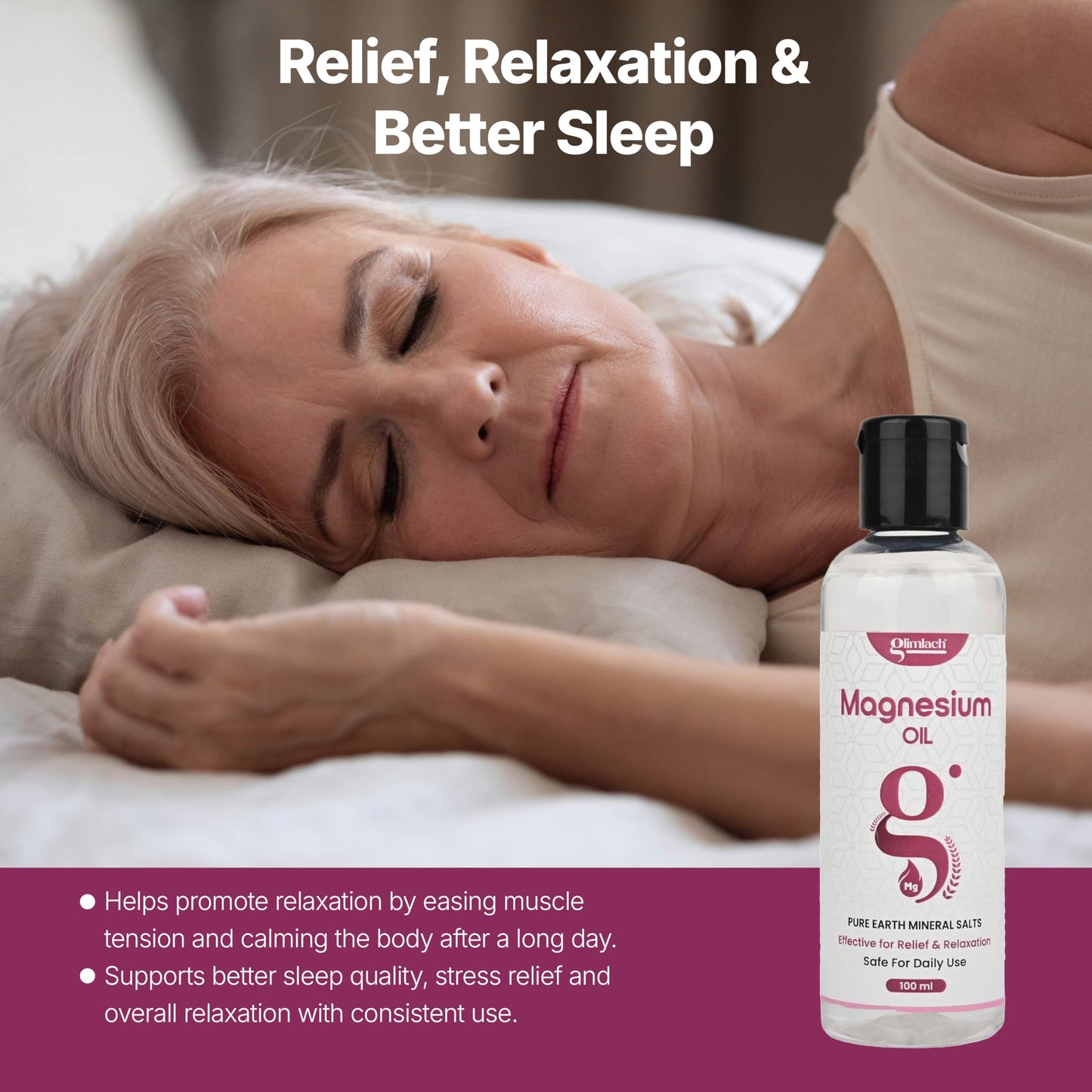 GLIMLACH Magnesium Oil for feet, Sleep Support, Pain Relief & Muscle Recovery | Suitable for Foot Massage and Body Use | Lightweight Formula for Daily Personal Care (100ml, Pack of 1)