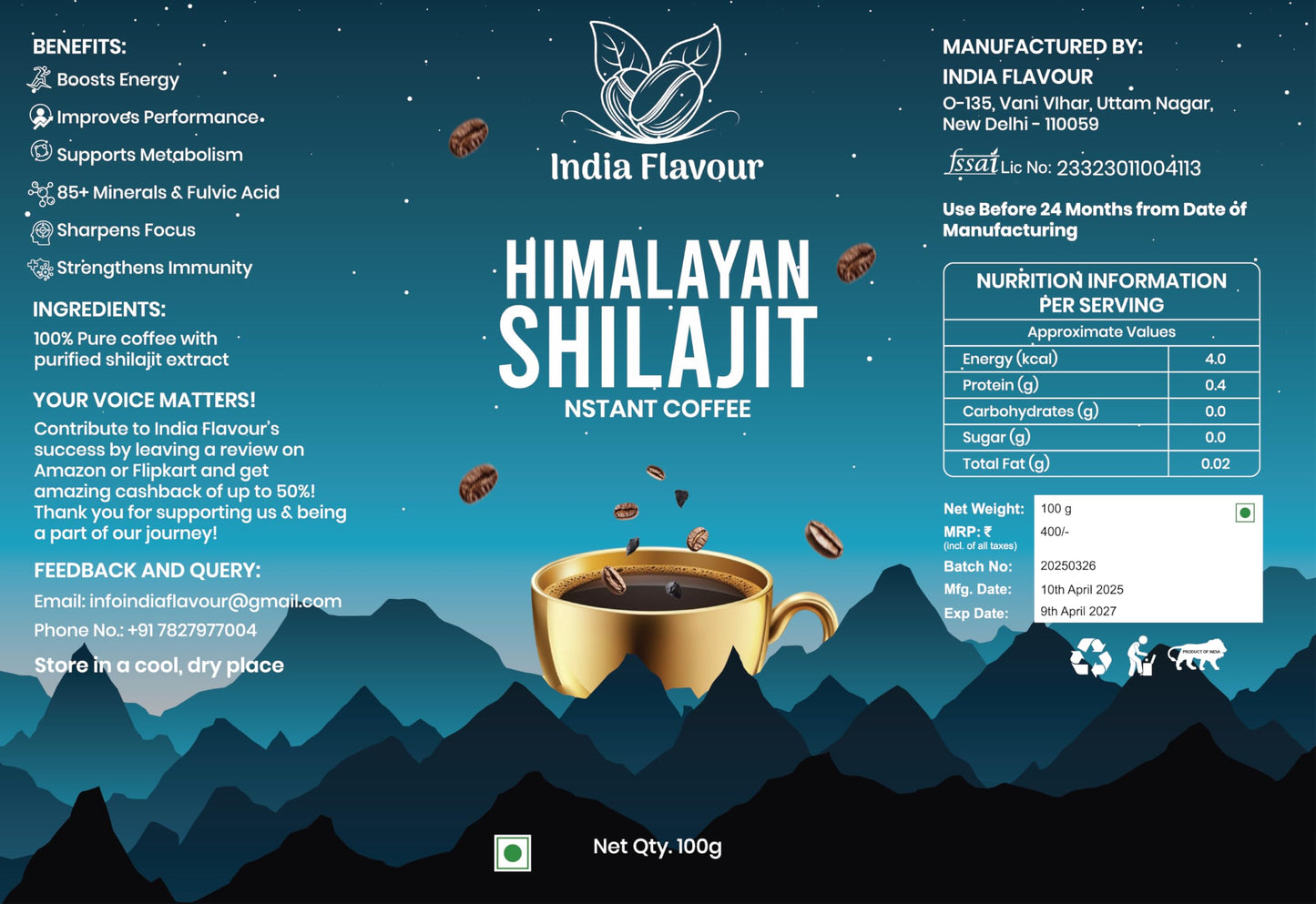 India Flavour Shilajit Instant Black Coffee – 30% Shilajit in 100g | Aromatic Hot & Cold Coffee, Good for Beginners, Energy & Stress Relief | 100g (Pack of 1)