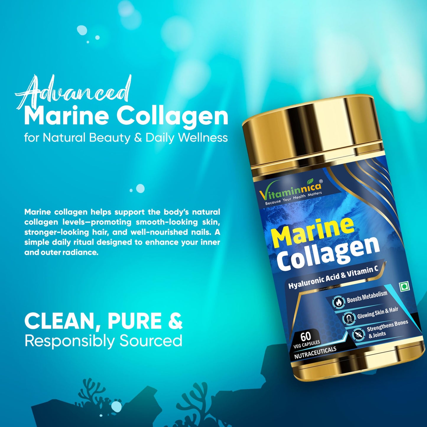 Vitaminnica Marine Collagen Capsules with Hyaluronic Acid & Vitamin C - Skin, Hair, Bones & Joints | 60 Capsules
