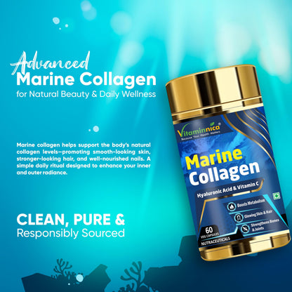Vitaminnica Marine Collagen Capsules with Hyaluronic Acid & Vitamin C - Skin, Hair, Bones & Joints | 60 Capsules