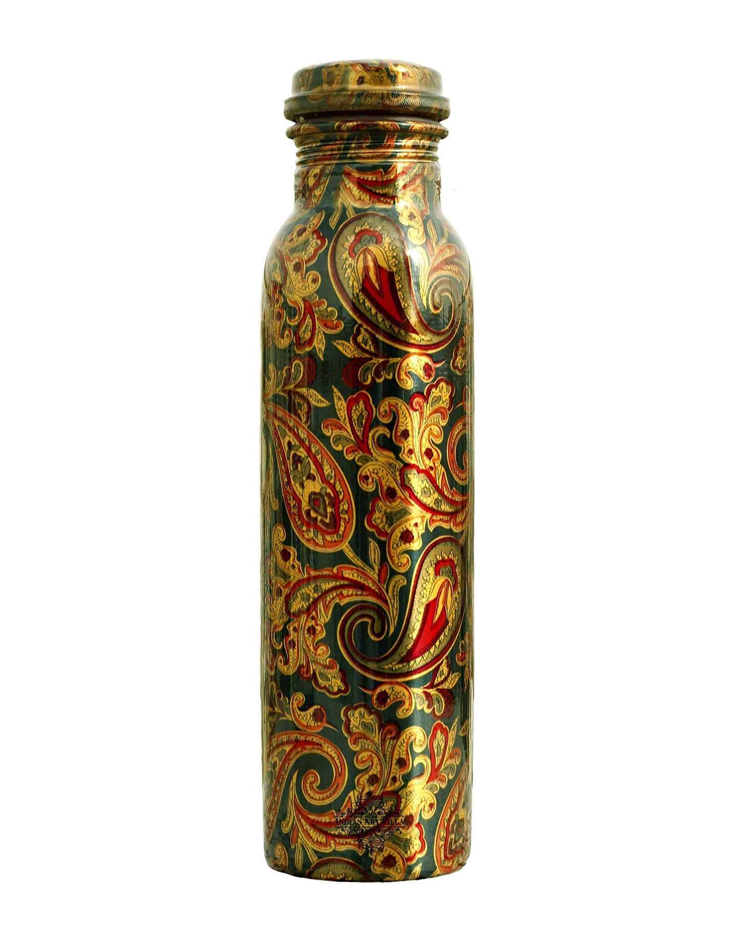 INDIAN ART VILLA Pure Copper Printed Water Bottle With Seaweed Paisley Design, Drinkware & Storage Purpose, Ayurvedic Health Benefits, Volume-1000 ml