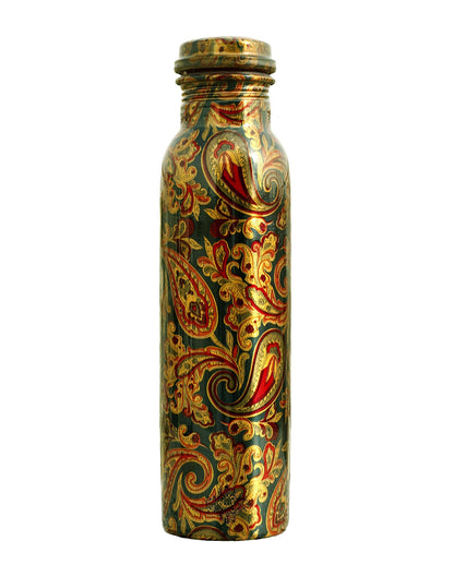 INDIAN ART VILLA Pure Copper Printed Water Bottle With Seaweed Paisley Design, Drinkware & Storage Purpose, Ayurvedic Health Benefits, Volume-1000 ml