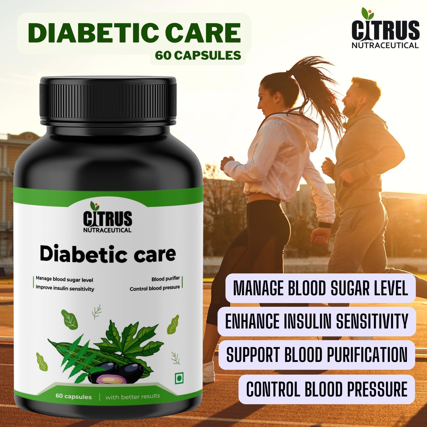 CITRUS NUTRACEUTICAL Diabetic Care Capsule With Karela Jamun Neem and Fenugreek for Manage blood sugar level and metabolism - 60 Capsules