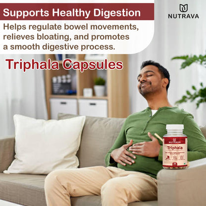 Nutrava Triphala Capsules 500mg | Ayurvedic Digestive Cleanse & Detox Supplement for Gut Health, Digestion & Immunity | Herbal Supplement for Men & Women | 60 Veg Capsules