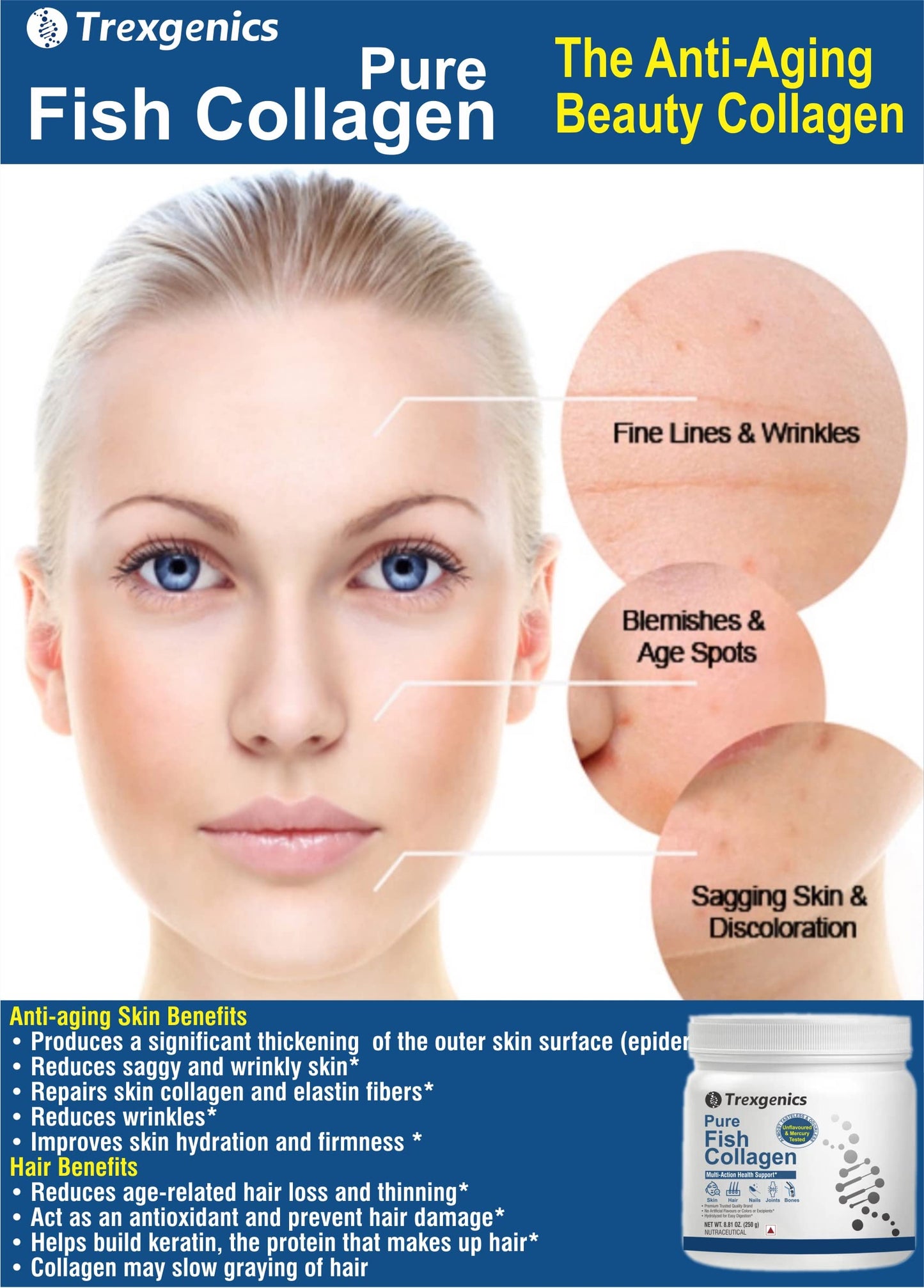 Trexgenics PURE FISH COLLAGEN Unflavoured, Mercury Tested, Almost Odorless & Tasteless Skin, Hair, Nails, Joint & Bone Support (250 gram) (Pack of 1)