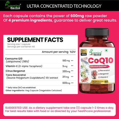 Humming Herbs CoQ10 600mg Cellular Support Supplement with Resveratrol, Bergamot & Vitamin E - Heart Health & Energy Booster - Antioxidan 60 Caps