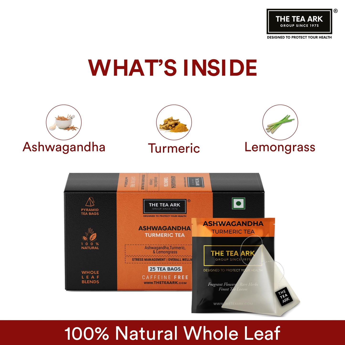The Tea Ark Ashwagandha Tea Bags (25 Count) | Turmeric with Lemongrass Herbal Tea | Caffeine free Herbal Tea | Individually Wrapped Pyramid Tea Bags (25 Tea Bags)