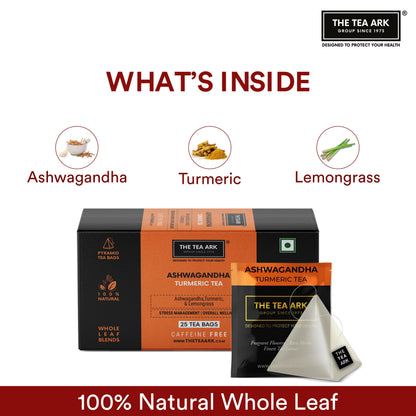 The Tea Ark Ashwagandha Tea Bags (25 Count) | Turmeric with Lemongrass Herbal Tea | Caffeine free Herbal Tea | Individually Wrapped Pyramid Tea Bags (25 Tea Bags)