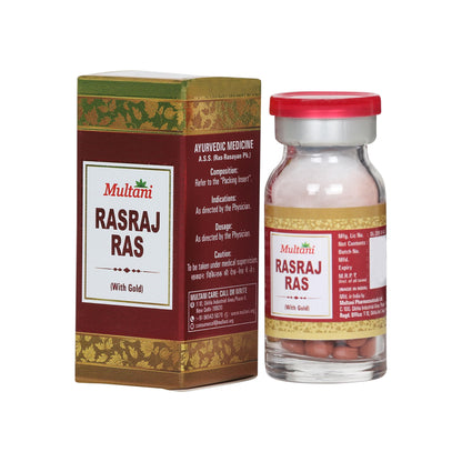 Multani Rasraj Ras With Gold | Enriched With 24 Carat Gold, Moti Pishti, Ashwagandha & Abhrak Bhasma | Helpful In Pains Causes By Vata Imbalance/वात रोग | 10 Tablets