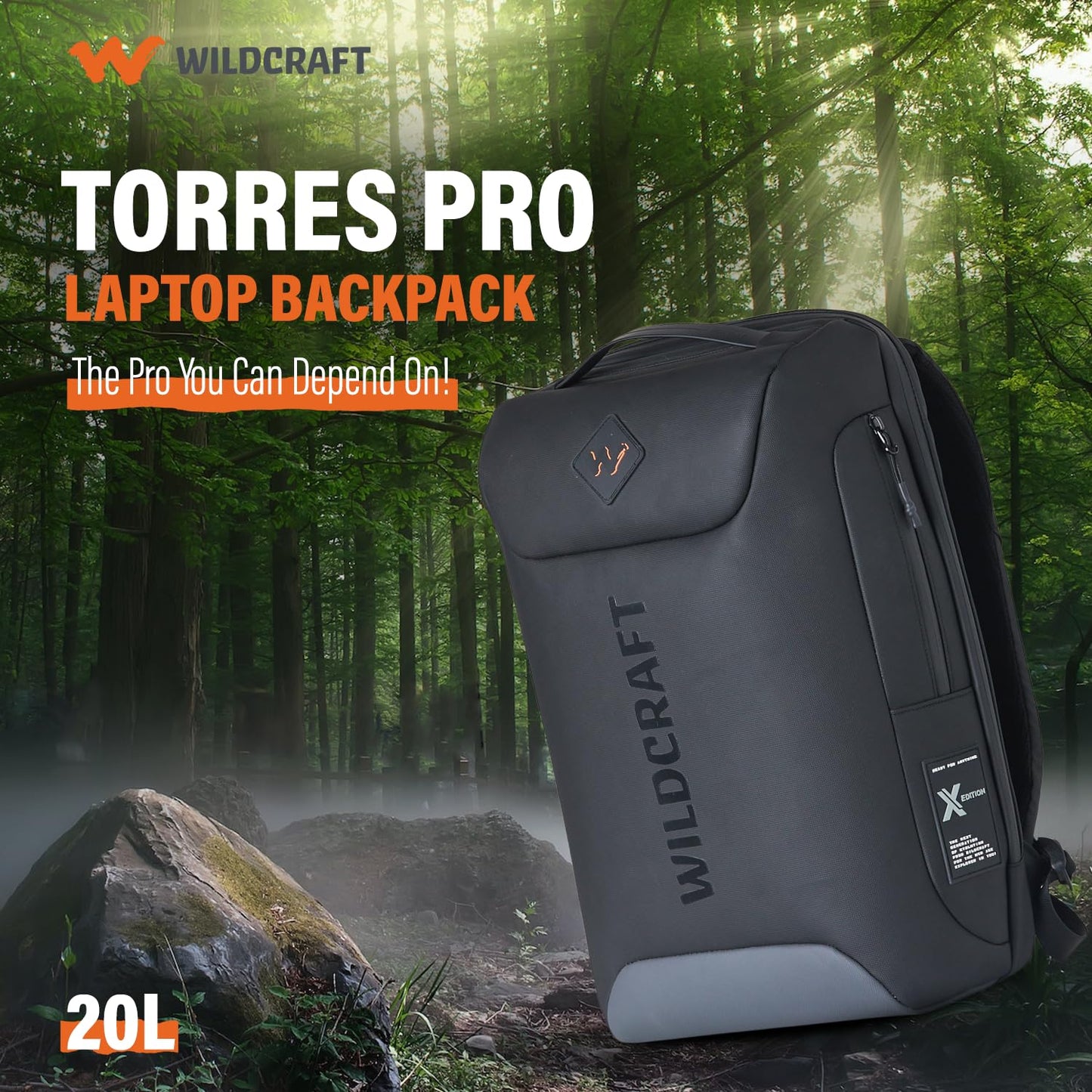 Wildcraft Torres Pro 20 Ltrs Laptop Backpack for Travel Gym Office | Unisex Backpack with Rain Cover | Durable & Spacious Bag for Men & Women 44 x30 x15Cm (Black)