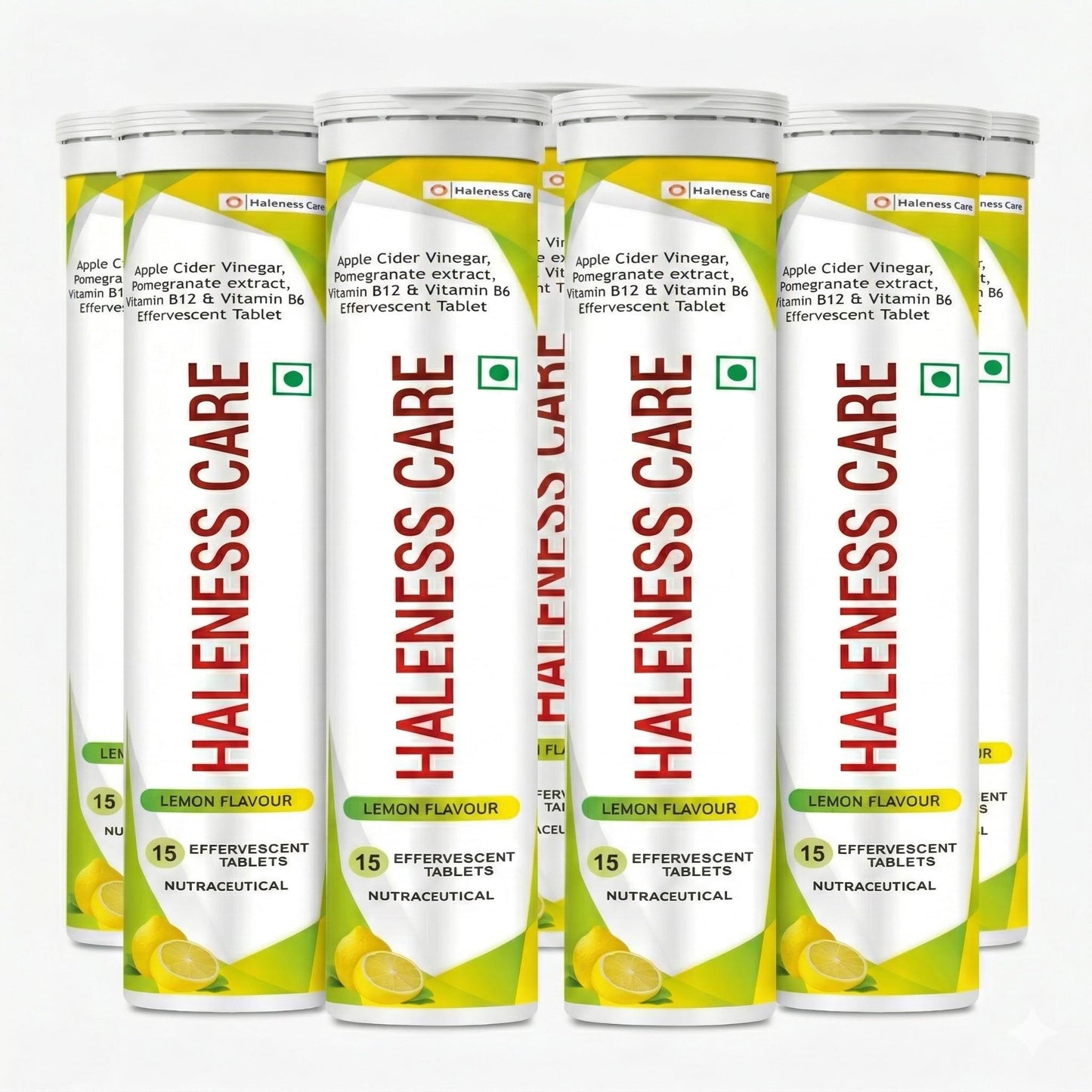 Haleness Care Apple Cider Vinegar Effervescent Tablets with Pomegranate Extract, Vitamin B12 & Vitamin B6, Lemon Flavour, 15 Tablets per Tube, Nutraceutical (Pack of 8 (2 Months), Lemon)