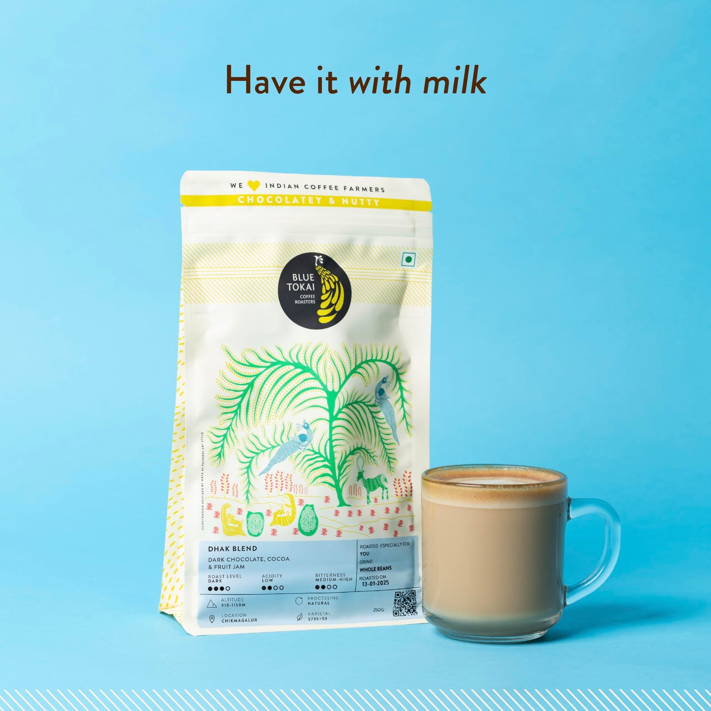 Blue Tokai Coffee Roasters Dhak Blend - Dark Roast | Whole Bean 1Kg Pouch | Premium Coffee Blend | 100% Arabica Beans | Specialty Coffee | Freshly Roasted Coffee