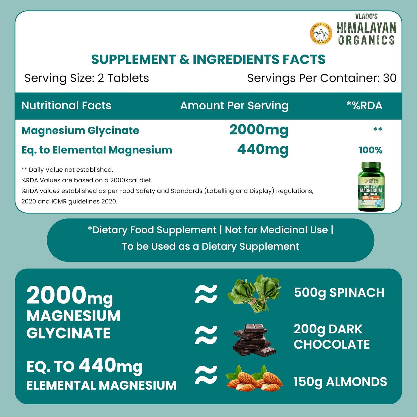 Vlado's Himalayan Organics Chelated Magnesium Glycinate Supplement 2000mg Per Serving | Magnesium Supplement Supports | Clinically Approven | Muscle Recovery & Better Sleep - 60 Veg Tablets