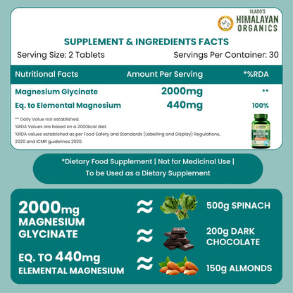Vlado's Himalayan Organics Chelated Magnesium Glycinate Supplement 2000mg Per Serving | Magnesium Supplement Supports | Clinically Approven | Muscle Recovery & Better Sleep - 60 Veg Tablets