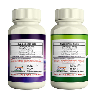ERBZENERG® Bilberry Extract (Vaccinium myrtillus) 60 Capsules and Neem (Azadirachta indica) 60 Capsules 500mg (Pack of 1)