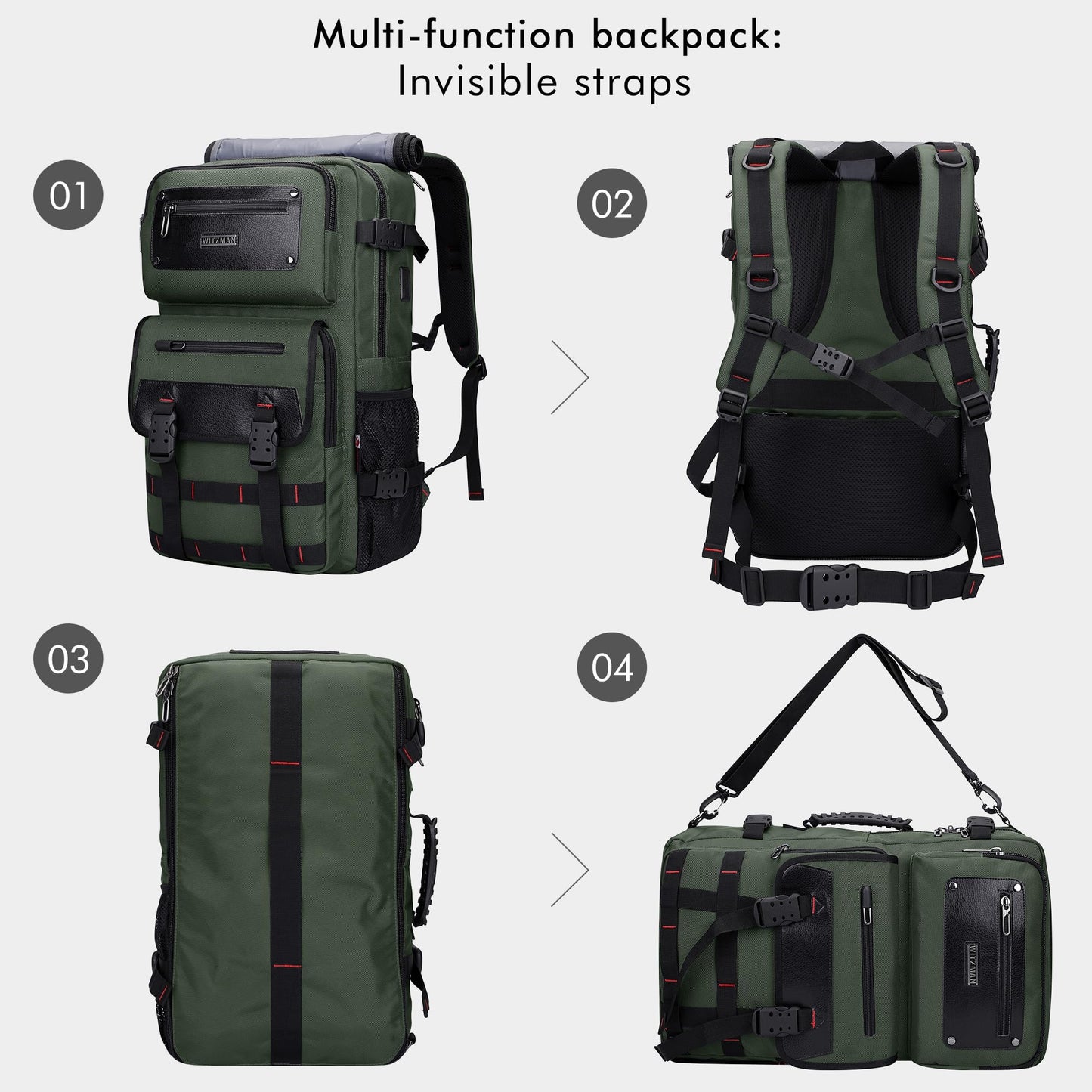 WITZMAN Carry On Travel Backpack for Men Fit 17 Inch Laptop Airline Approved 3 in 1 Laptop Backpack(B685 Army Green)