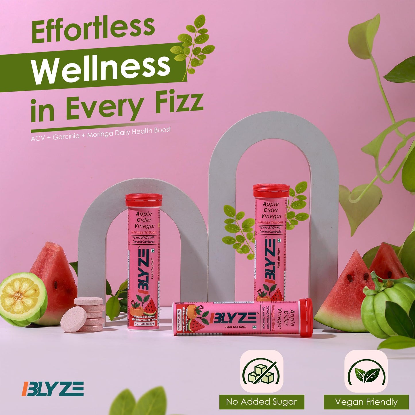 BLYZE ACV Moringa TriBoost, Apple Cider Vinegar 750mg with Moringa, Control Cravings and Weight Management, No Added Sugar, Effervescent Tablets, Watermelon Flavour, Pack of 1 (15 Tablets)